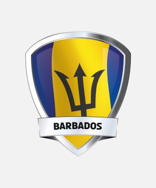Blazon içerisinde beyaz arkaplanda izole edilmiş Barbados ulusal bayrağı