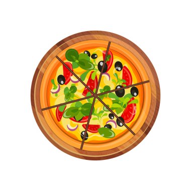 Beyaz arkaplanda izole edilmiş bir tepside vektör pizza