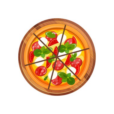 Beyaz arkaplanda izole edilmiş bir tepside vektör pizza