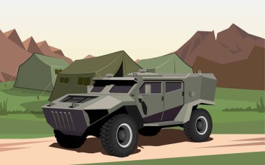 Zırhlı askeri araçla doğaya dayanan askeri üs.