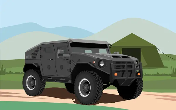 stock vector military vector armored vehicle on the background of a military base