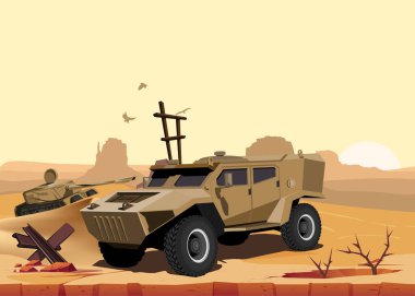 Çölde ve dağlarda askeri zırhlı araç.