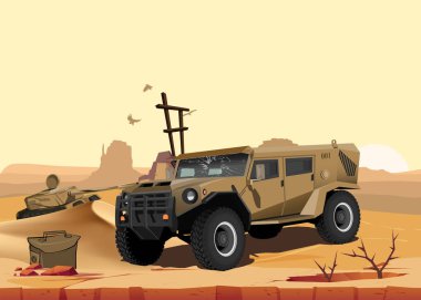 Çölde ve dağlarda askeri zırhlı araç.