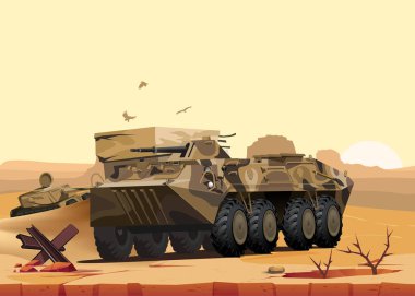 Çölde ve dağlarda askeri zırhlı araç.