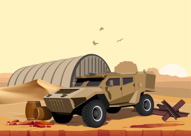 Çölde ve dağlarda askeri zırhlı araç.
