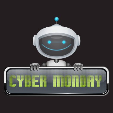 vector robot with electronic board cyber monday isolated on black background clipart