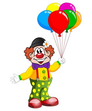 Beyaz arkaplanda balonları olan vektör palyaço