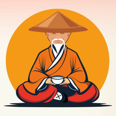 Elinde bir kupa çay olan Çinli bir adamın vektör ikonu.