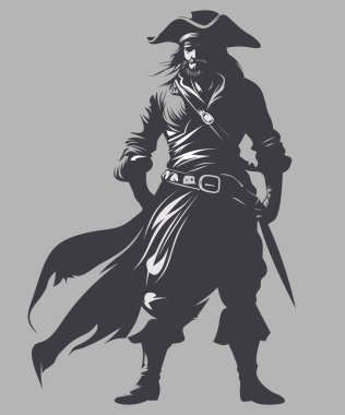 Gri arka planda izole edilmiş siyah beyaz korsan silueti.