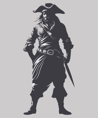 Gri arka planda izole edilmiş siyah beyaz korsan silueti.