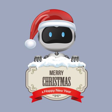 Noel Baba şapkalı vektör robot ve ışık arka planında izole edilmiş mutlu noeller işareti taşıyor.