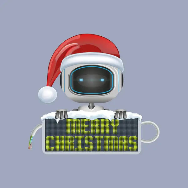 Noel Baba şapkalı vektör robot ve ışık arka planında izole edilmiş mutlu noeller işareti taşıyor.