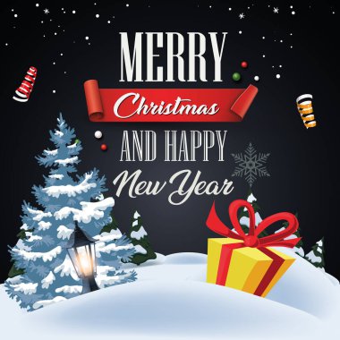vektör noel ve karlı arkaplanda yeni yıl tebrik kartı