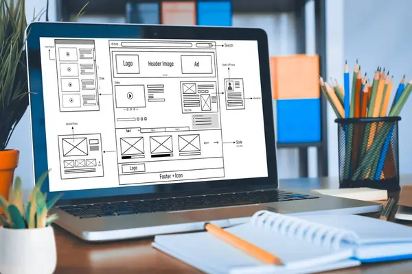 stock image Digital and paper wireframe designs for web or mobile app UI UX display on laptop computer screen. Panoramic shot of developer workspace for brainstorming and design application framework.