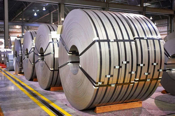 rolls of steel sheet stored in warehouse; Cold rolled steel coils