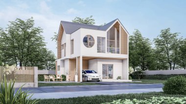 Mimari 3D tasviri, garajı ve doğal manzarası olan modern asgari evin tasviri 