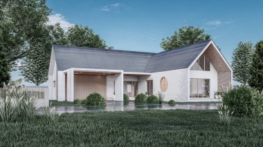 Mimari 3D tasviri, garajı ve doğal manzarası olan modern asgari evin tasviri 