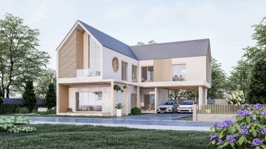 Mimari 3D tasviri, garajı ve doğal manzarası olan modern asgari evin tasviri 