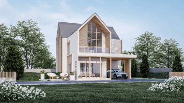 Mimari 3D tasviri, garajı ve doğal manzarası olan modern asgari evin tasviri 