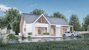 Mimari 3D tasviri, garajı ve doğal manzarası olan modern asgari evin tasviri 