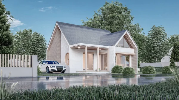 ガレージと自然景観の背景を持つ近代的な最小限の家の建築3Dレンダリングイラスト — ストック写真