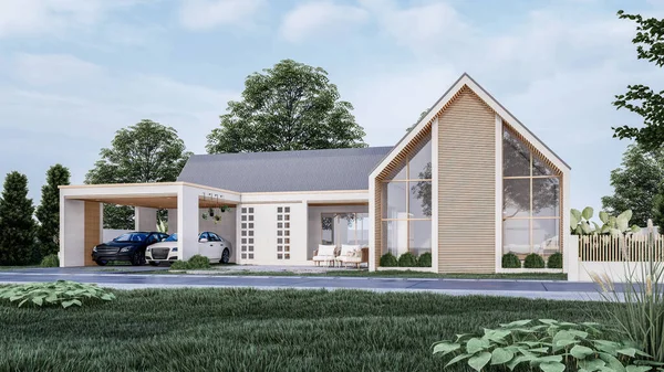 Architectural 3D rendering illustration of modern minimal house with garage and natural scenery background