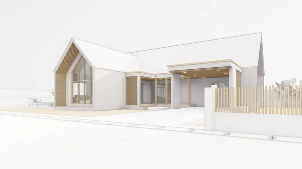 Architectural 3D rendering illustration of modern minimal house on white background