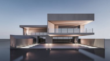 Mimari 3D, doğal manzaralı modern asgari evin tasviri