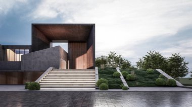 Mimari 3D, doğal manzaralı modern asgari evin tasviri