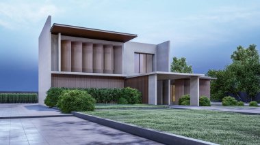 Mimari 3D, doğal manzaralı modern asgari evin tasviri