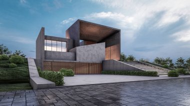 Mimari 3D, doğal manzaralı modern asgari evin tasviri