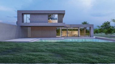 Mimari 3D, doğal manzaralı modern asgari evin tasviri