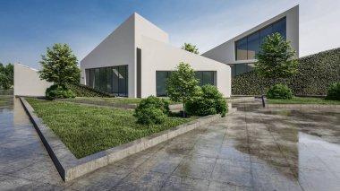 Mimari 3D, doğal manzaralı modern asgari evin tasviri