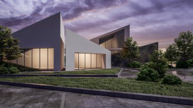 Mimari 3D, doğal manzaralı modern asgari evin tasviri