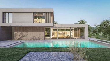 Mimari 3D, yüzme havuzlu modern evin tasviri