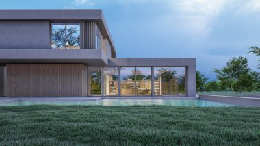 Mimari 3D, doğal manzaralı modern asgari evin tasviri