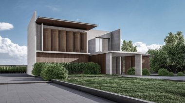 Mimari 3D, doğal manzaralı modern asgari evin tasviri