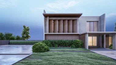 Mimari 3D, doğal manzaralı modern asgari evin tasviri