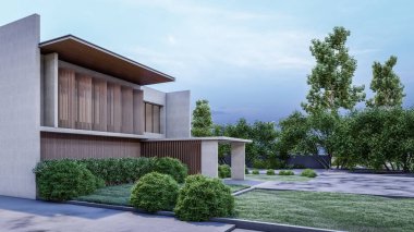 Mimari 3D, doğal manzaralı modern asgari evin tasviri