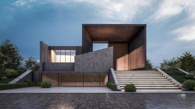 Mimari 3D, doğal manzaralı modern asgari evin tasviri