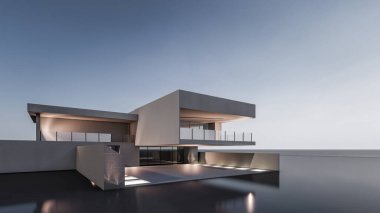 Mimari 3D, doğal manzaralı modern asgari evin tasviri