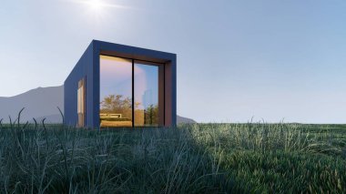 Mimari 3D, doğal manzaralı modern asgari evin tasviri