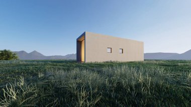 Mimari 3D, doğal manzaralı modern asgari evin tasviri