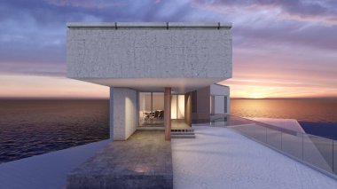 Mimari 3D, doğal manzaralı modern asgari evin tasviri