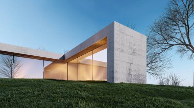 Mimari 3D, doğal manzaralı modern asgari evin tasviri