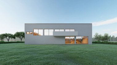 Mimari 3D, doğal manzaralı modern asgari evin tasviri