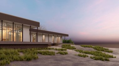 Mimari 3D, doğal manzaralı modern asgari evin tasviri