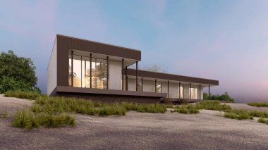 Mimari 3D, doğal manzaralı modern asgari evin tasviri