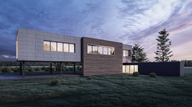 Mimari 3D, doğal manzaralı modern asgari evin tasviri