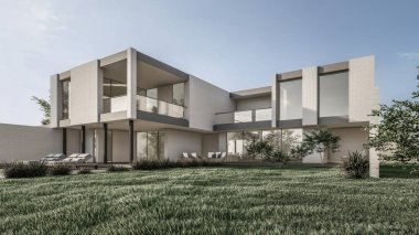 Mimari 3D, doğal manzaralı modern asgari evin tasviri 